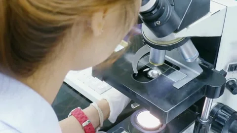 The expert Laboratory technicians use microscopes to analyze air samples. Stock Footage 336583746