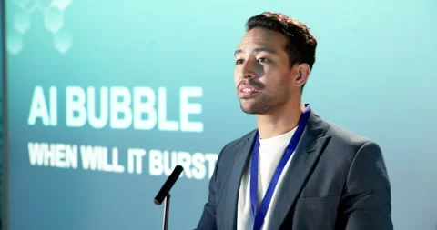 Expert, man and speaking in convention with presentation, projector and explain Stock Footage 342090660