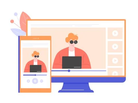 Expert on a mobile phone and computer screen. Stock Illustration