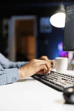 Expert operating with binary program and html language Stock Photos