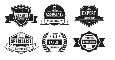 Expert or specialist, associate certified badge with ribbon tape or laurel Stock-Illustration