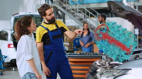 Expert shows broken car engine with AR Stock Photos