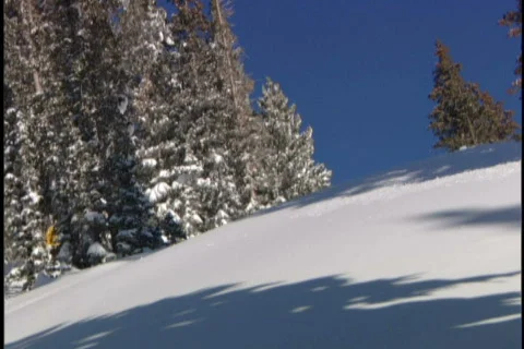 Expert skier skis down moutain Stock Footage