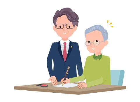 Expert teaching senior man how to fill out forms Stock Illustration
