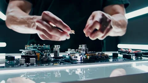 Expert technician assembling intricate components in modern workspace with focus Stock Footage 296414427