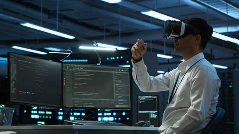 Expert updating server room systems using virtual reality headset Foto stock