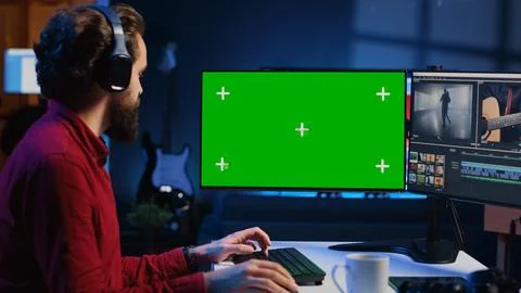 Expert using post production techniques to edit raw clips footage on isolated Stock-Fotos