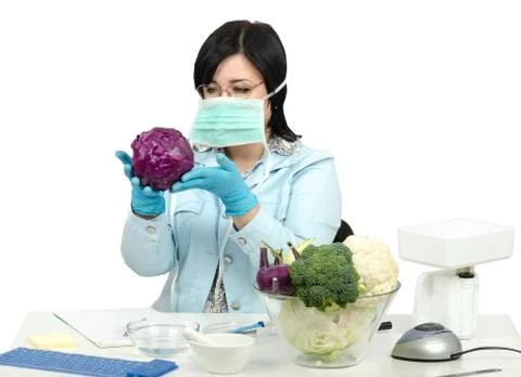 Expert viewing closely a red cabbage in laboratory Foto stock