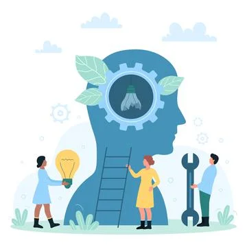 Expertise of creative ideas, tiny people replace broken light bulb with bright Stock Illustration