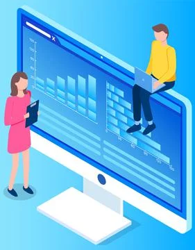 Experts analyzing information on screen. Computer monitor with data and charts Stock Illustration
