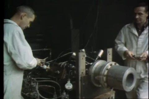 Experts do a practical test to examine a rocket engine - 1966 Stock Footage 94255272