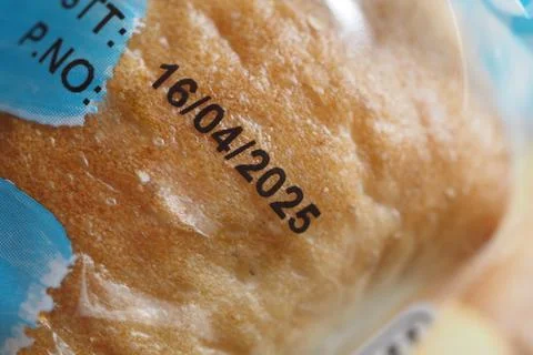 Expiration date marked on bread packaged Stock Photos