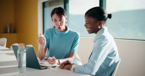 Explain, high five and laptop with women in finance boardroom for review of data Stock Footage 335446098