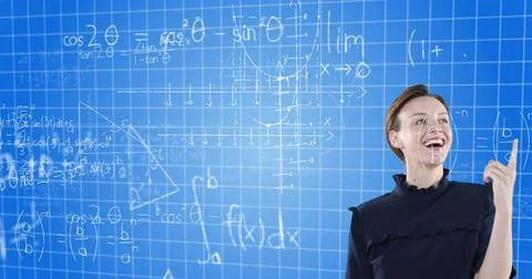 Explaining complex mathematical equations, woman using virtual board in school Stock Photos