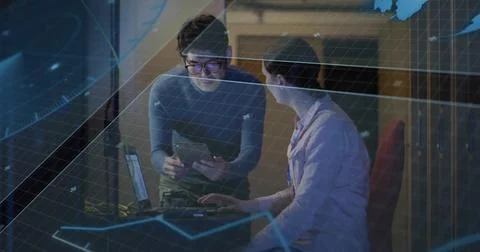Explaining data with Asian man holding tablet and woman typing laptop in tech Stock Photos