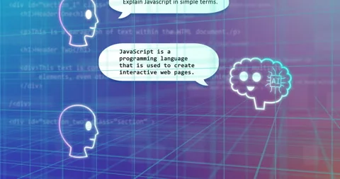 Explaining JavaScript in simple terms, animation over digital heads and AI brain Stock Footage 315649261