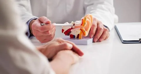 Explaining Vertigo And Hearing Problems With Ear Model At Hospital. Stock-Fotos