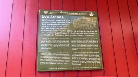 Explanatory panel on the history of the bullfighting ring, the arena of Bayonne Stock Footage 283100924