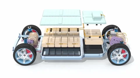 Explode view of electric vehicle chassis equipped with battery pack Stock Footage 279439220