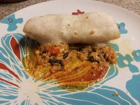 Exploded burrito with rice and beans on plate Stock Photos