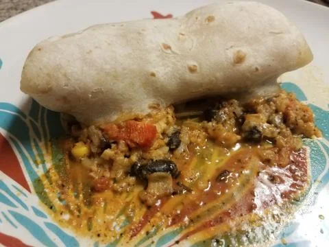 Exploded burrito with rice and beans on plate Stock Photos