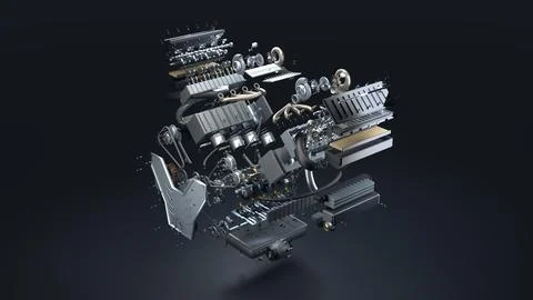 Exploded exploded rendering of V-shaped eight-cylinder engine parts 库存照片
