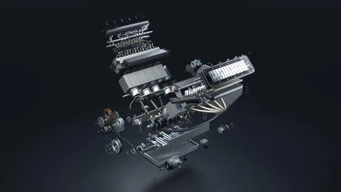 Exploded exploded rendering of V-shaped ten-cylinder engine parts Stock Photos