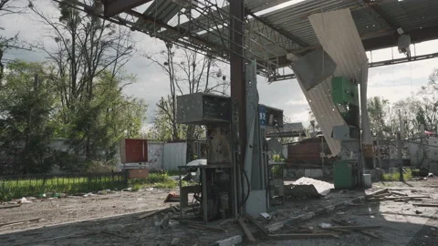 Exploded gas station after shelling 스톡 동영상 197443134