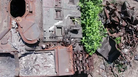 Exploded military equipment during the war in Ukraine Video stock 197844907