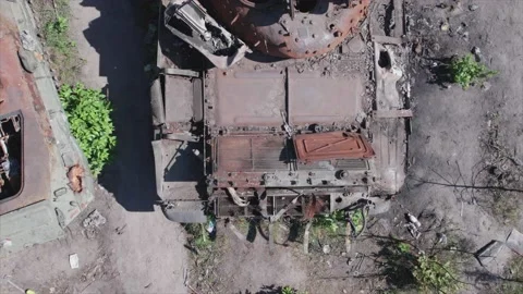 Exploded military equipment during the war in Ukraine Stock Footage 220060392
