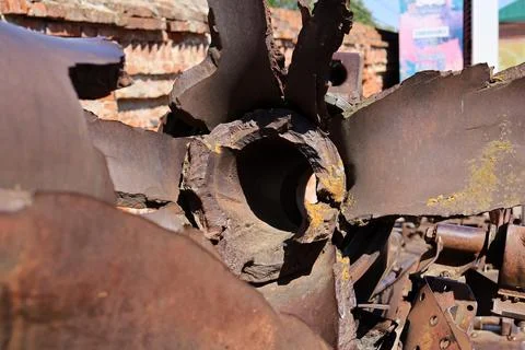 The exploded muzzle of a combat military cannon Stock Photos