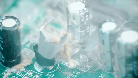 Exploded or damaged capacitors on a light blue circuit board emitting smoke. 스톡 동영상 320710759