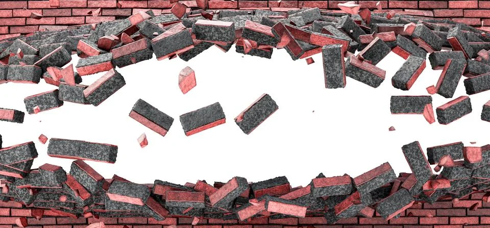 Exploded red brick wall. Textured background, isolated image, space for tex.. Stock Illustration