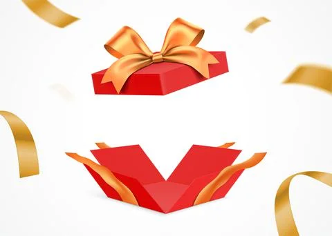 Exploded red gift box with golden ribbon, isolated on white background. Stock Illustration