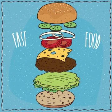 Exploded view of classic cheeseburger Illustrazione stock