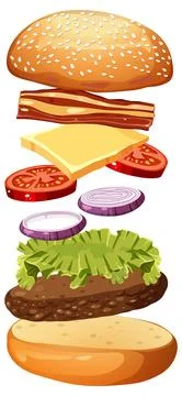 Exploded View of Classic Cheeseburger Ingredients Stock Illustration