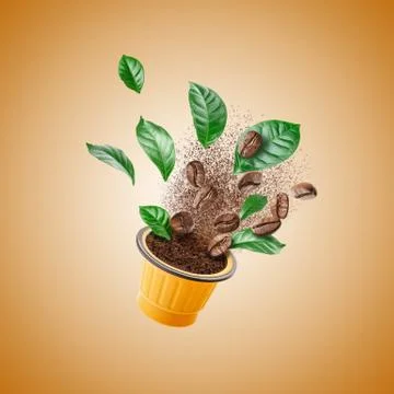 Exploded view of coffee grinder with roasted beans and leaves Stock Photos