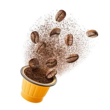 Exploded view of coffee grinder with roasted beans and leaves Stock Photos