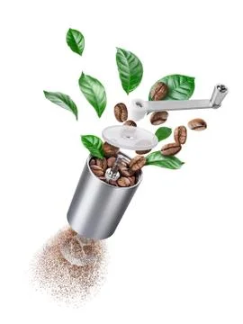Exploded view of coffee grinder with roasted beans and leaves Foto stock