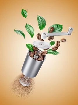 Exploded view of coffee grinder with roasted beans and leaves Stock Photos