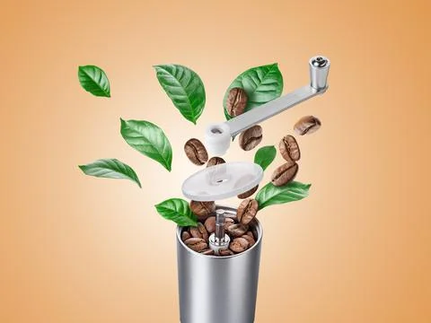 Exploded view of coffee grinder with roasted beans and leaves Stock Photos