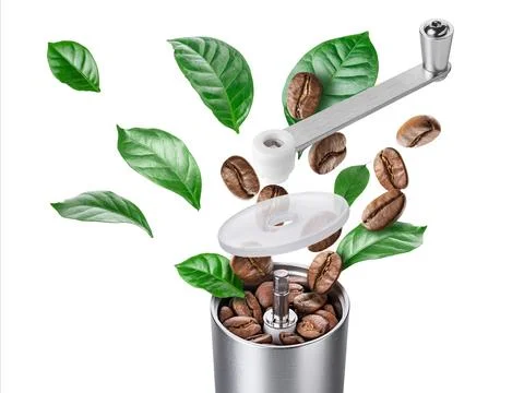 Exploded view of coffee grinder with roasted beans and leaves Stock Photos