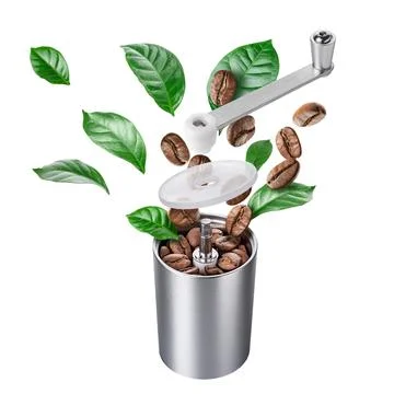 Exploded view of coffee grinder with roasted beans and leaves Foto stock