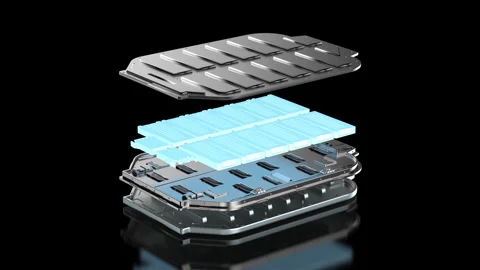 Exploded view of electric vehicle battery or pack of lithium-ion pouch cells Stock Footage 284611472