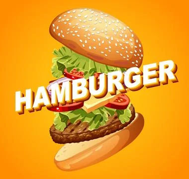 Exploded View Vector Illustration of a Delicious Hamburger with Toppings Stock Illustration