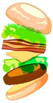Exploded View Vector Illustration of a Gourmet Cheeseburger with Bacon Stock Illustration