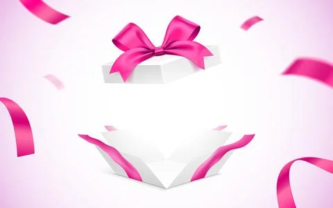 Exploded white gift box with pink ribbon. Stockillustratie