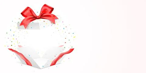 Exploded white gift box with red ribbon and colorful confetti, vector Stock Illustration