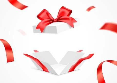 Exploded white gift box with red ribbon, isolated on background. Stock Illustration