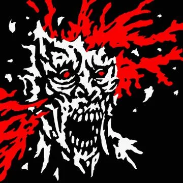 Exploded zombie head with splashes of blood and skull splinters. Vector illus Stock Illustration